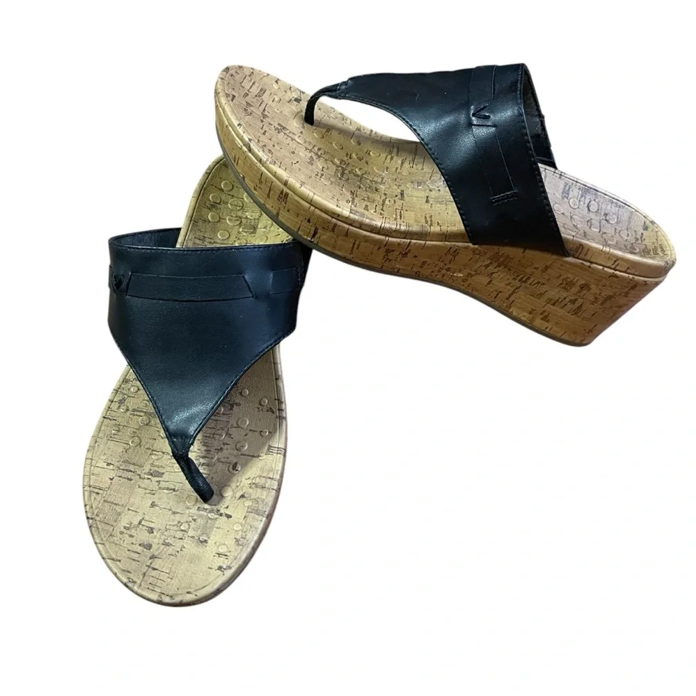 Vionic Anita Black Leather Orthotic Cork Wedge Sandals Comfort Women’s‎
